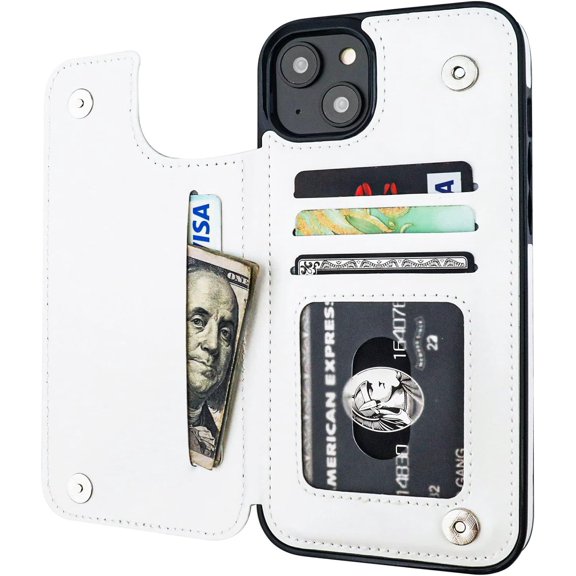 REQO Compatible with iPhone 14 Plus Wallet Case with Card Holder, PU Leather Kickstand Card Slots Case, Double Magnetic Clasp and Durable Shockproof Cover 6.7 Inch (White)