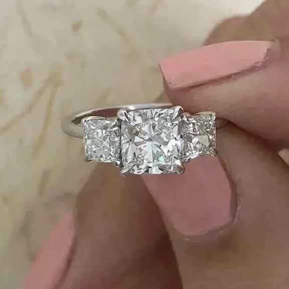 5.58Ctw Cushion Cut Moissanite Three Stone Engagement Ring 14K White Gold Plated