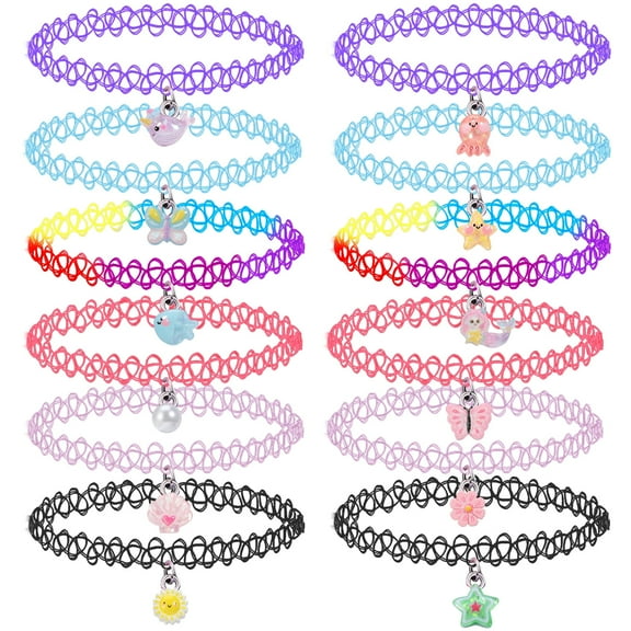 YOYTOO 12Pcs Choker Necklace Set, Pendant Charm Chokers Henna Tattoo Stretch Elastic for Dress up