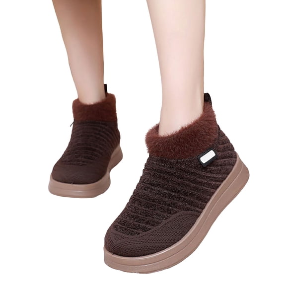 Women's Knit Snow Boots Furry Lined Slip on Winter Ankle Booties Casual Platform High Top Walking Shoes Brown Size 5.5