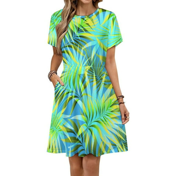 Hawaiian Flowers And Leaves for Background Sundress Short Sleeve Dress Summer Women Clothes Dress for Women Dresses