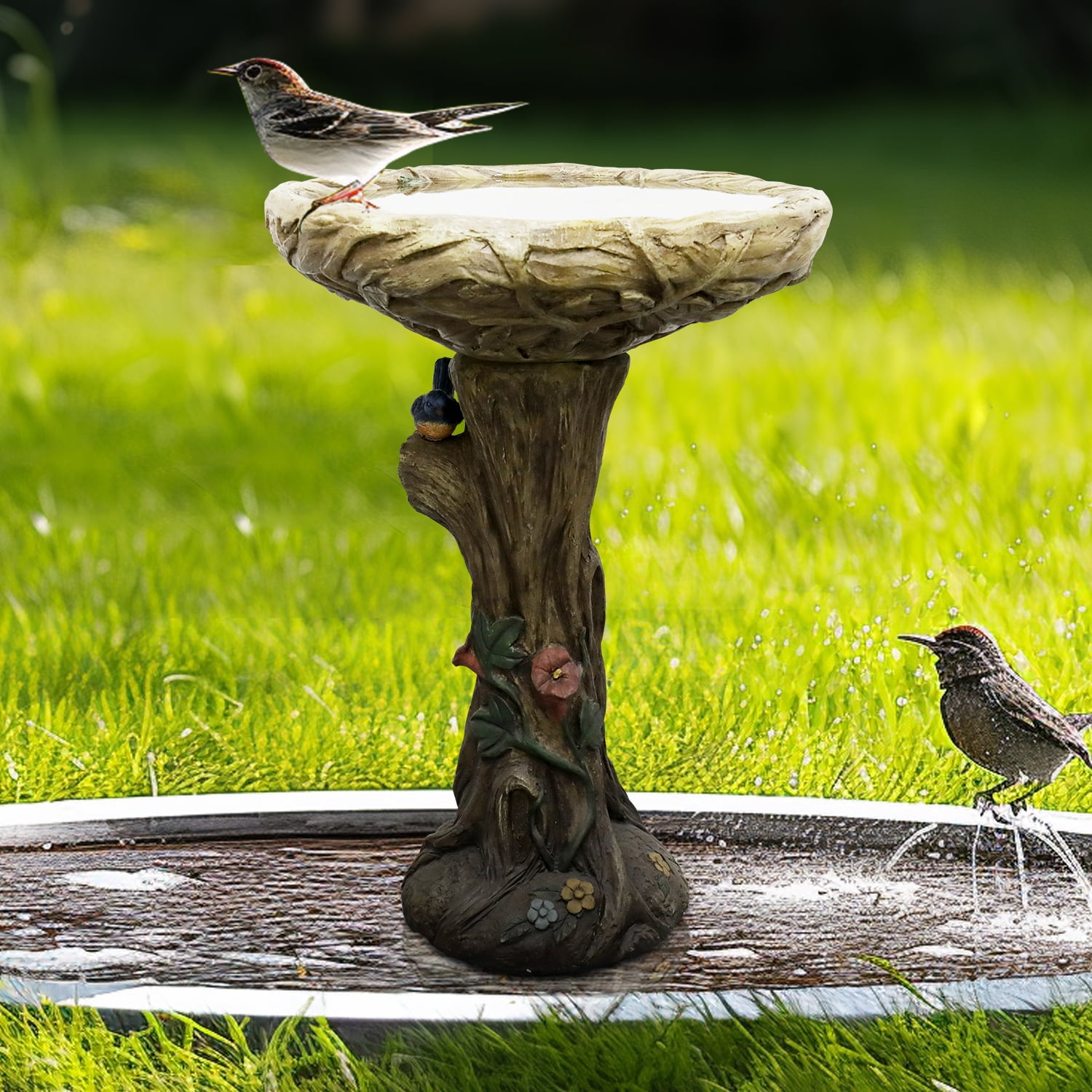 25.5" H Outdoor Concrete Bird Bath - Tree Trunk Birdbath with Pedestal  for Garden, Patio, Lawn, Backyard Decor
