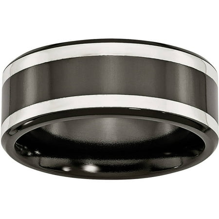 Primal Steel Titanium Black Ti with Sterling Silver Inlay 9mm Polished Flat Band