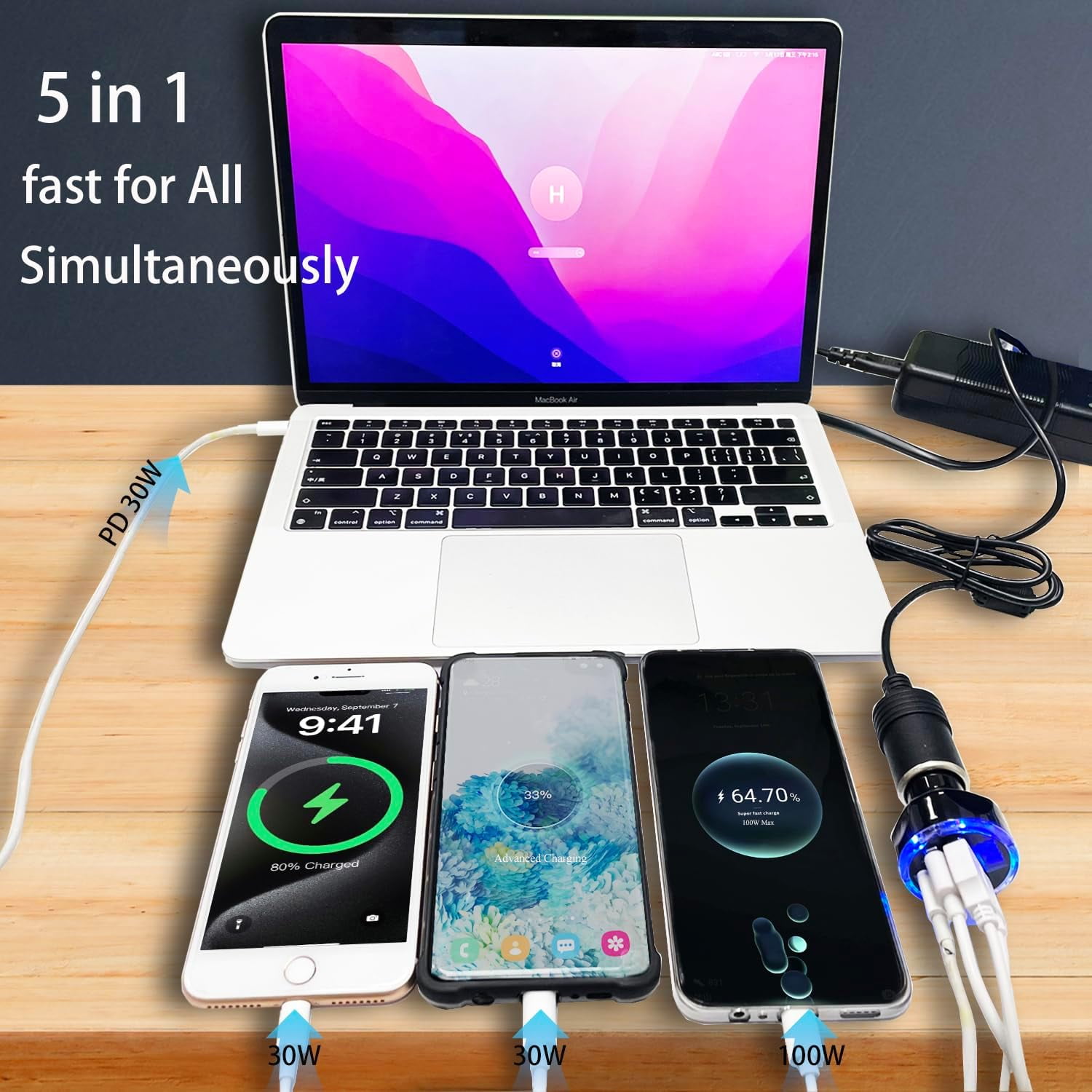 Full PD 30W Multi Port USB C Car Charger Adapter 5 in 1 with Voltage Display, PD4.0/QC4.0/PPS/AFC Super Fast Charging Cigarette Lighter Adapter with Volt Meter for MacBook iPhone Galaxy Android