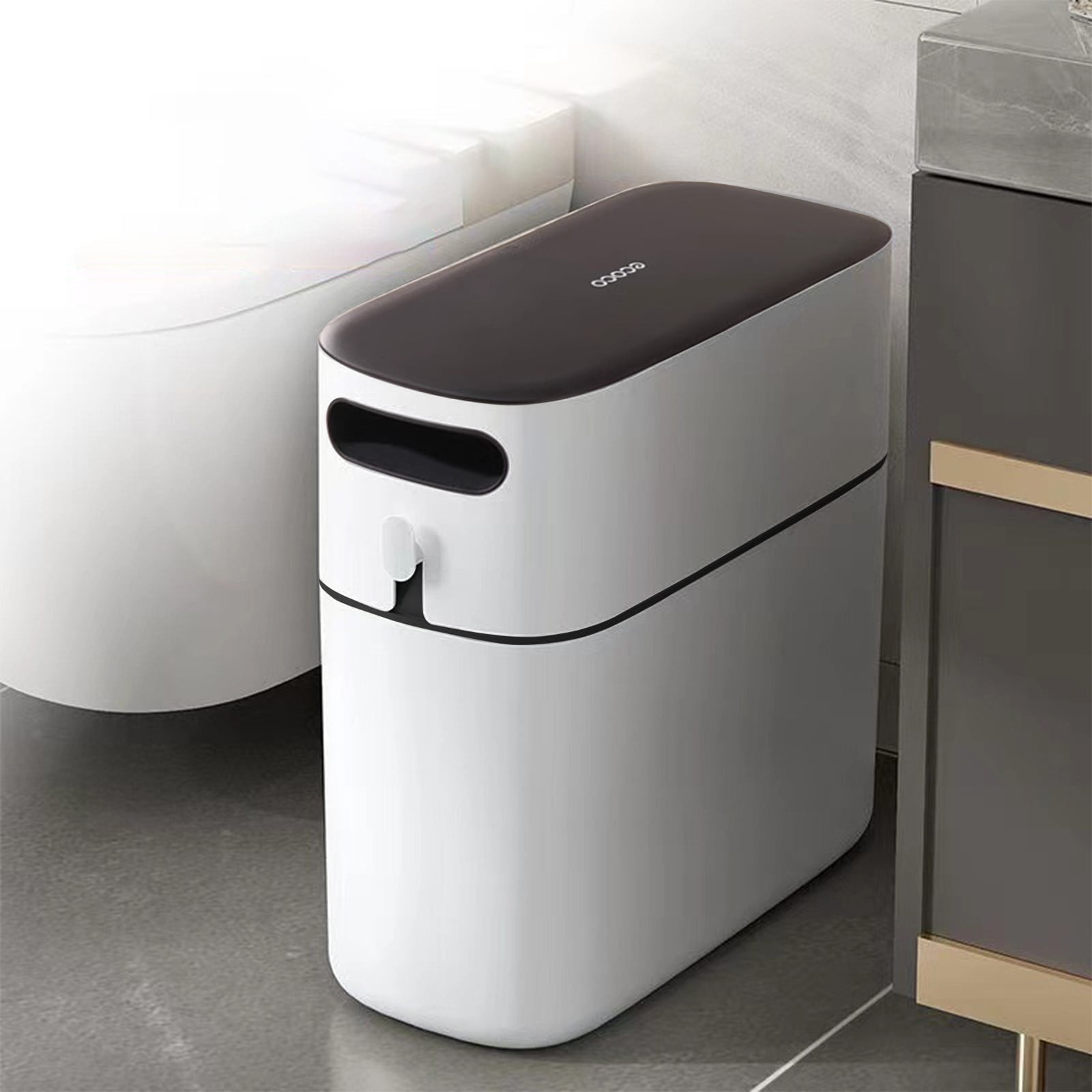 Bathroom Trash Can 8L, Black Semi Automatic with 1 Roll Garbage Bag, Non Contact Large Capacity Thickened Wastebasket for Living Room