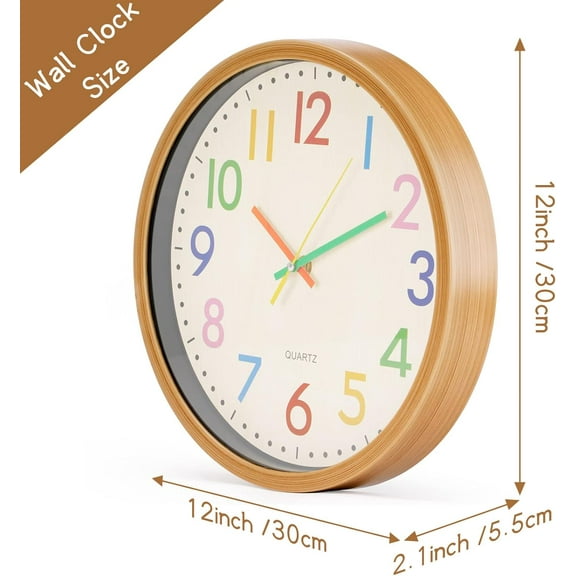 12 Inch Analog Wall Clock, Colorful Kids Wall Clock Silent Non Ticking, Easy to Read 3D Numerals Classroom Clock for Nursery Classroom Office Living Room Bedroom Playroom Decor