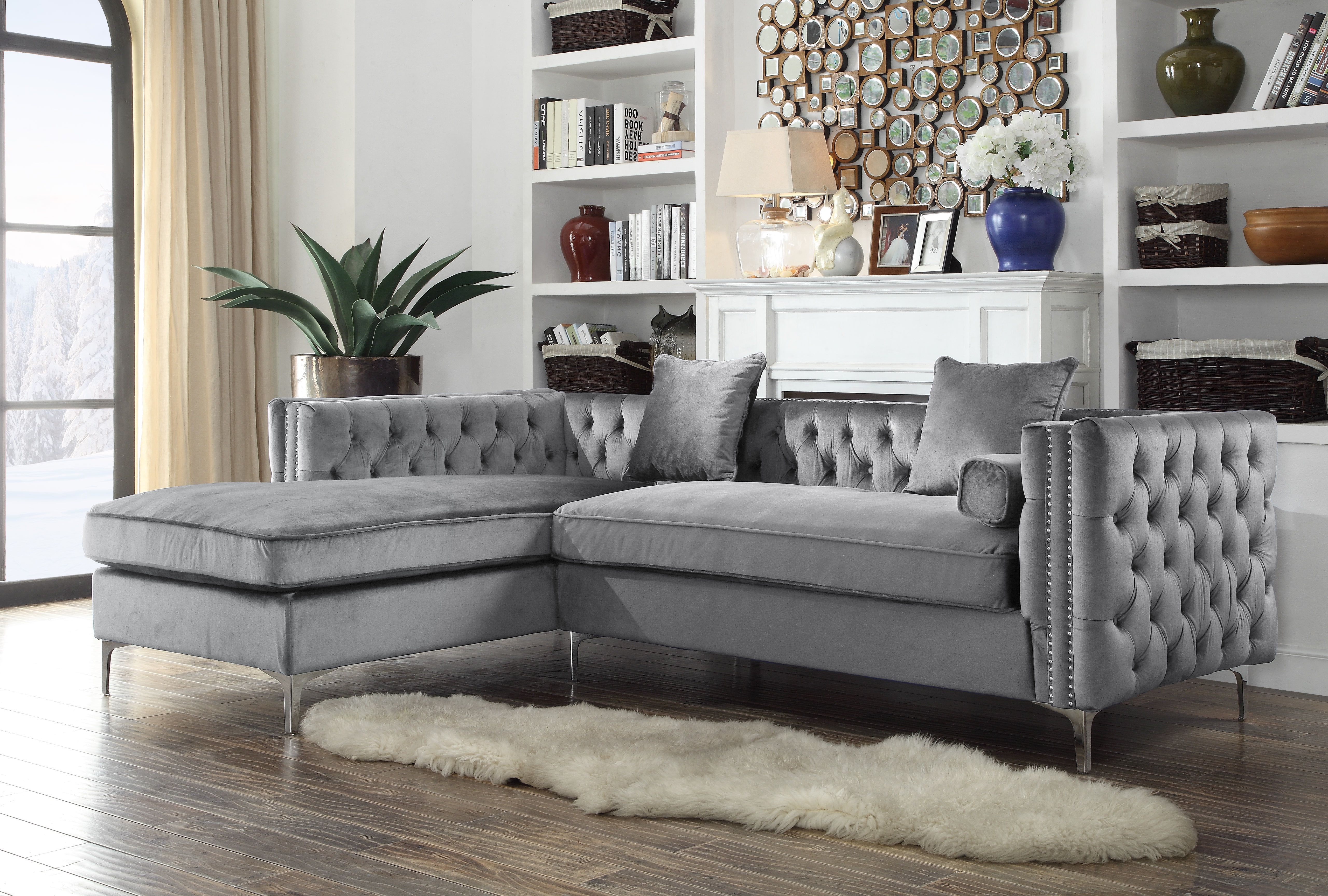 Chic Home Monet Velvet Modern Button Tufted Sectional Sofa with Silver