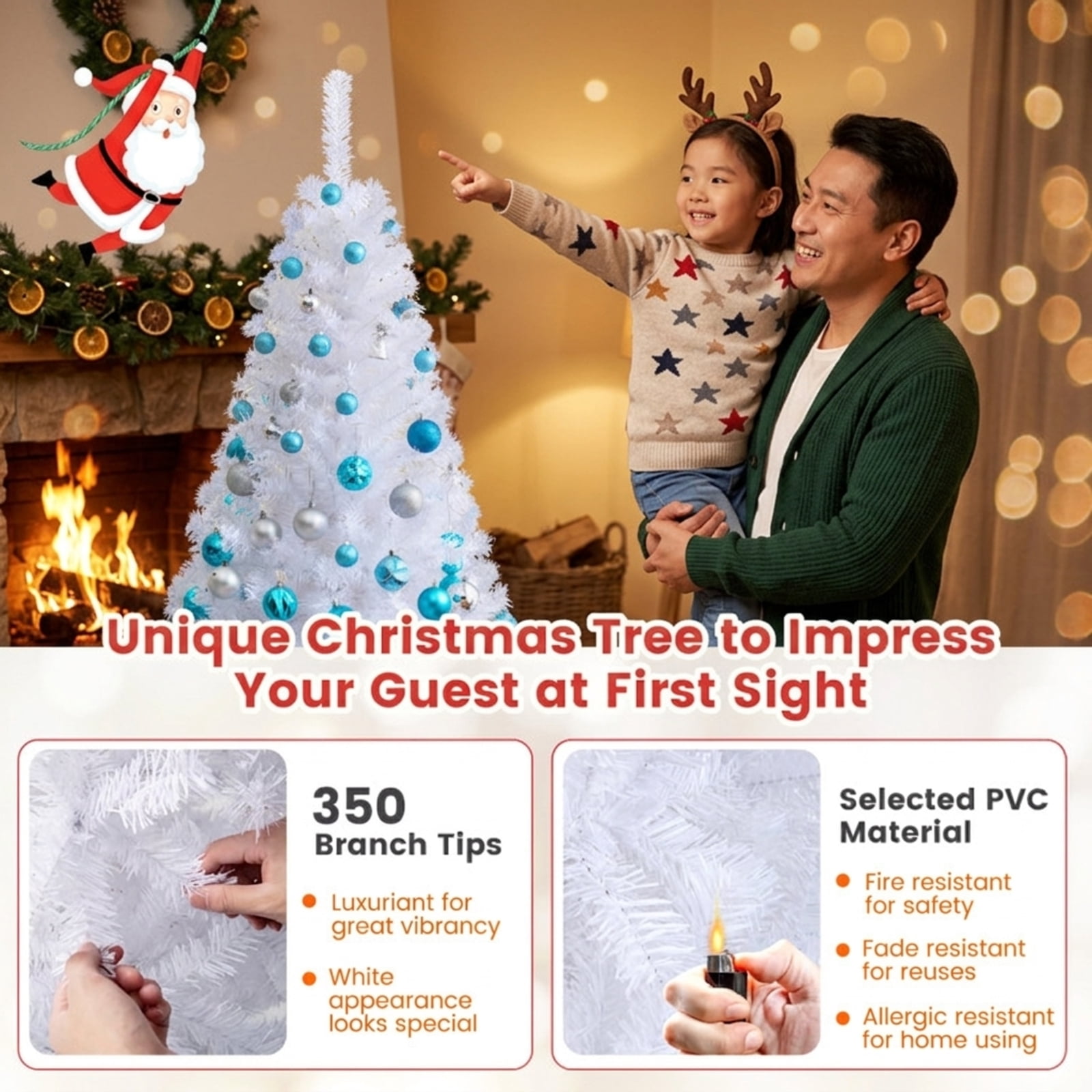 RUIE, 5 ft, Artificial Christmas Tree, with Metal Stand, 350 Branch Tips, White Holiday Xmas Tree for Indoor Home Office Decoration
