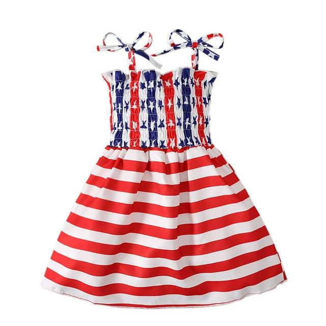 vdgthytj Robe 4 Juillet pour Tout-Petites Filles Étoiles Rayées Bretelles à Nouer Robe Smockée Robe d'Été Trapèze Robe de Fête d'Été