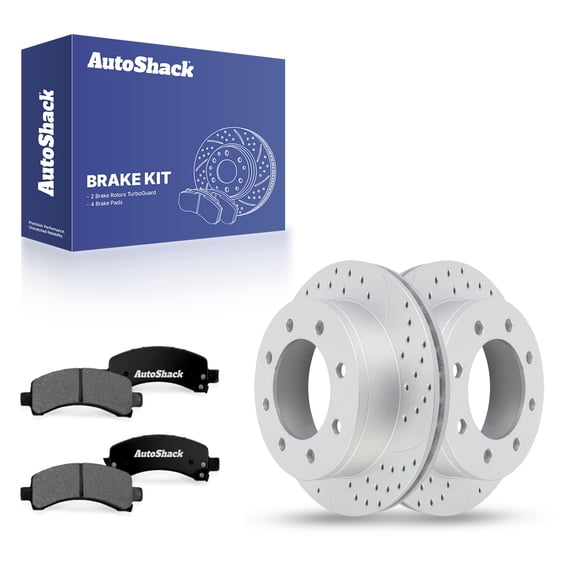 AutoShack Rear Vented Drilled & Slotted Coated Brake Rotors Silver Matte Finish   Premium Ceramic Pads 6-PC Brake Kit Replacement for 2003-2020 Chevrolet Express 2500 TurboGuard 12.99" (330 mm)
