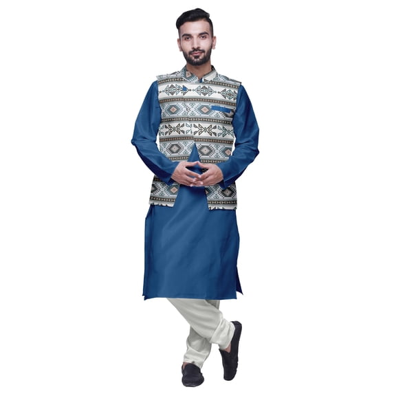 Atasi Indian Long Kurta Men Solid Kurta Pajama With Printed Nehru Jacket Set