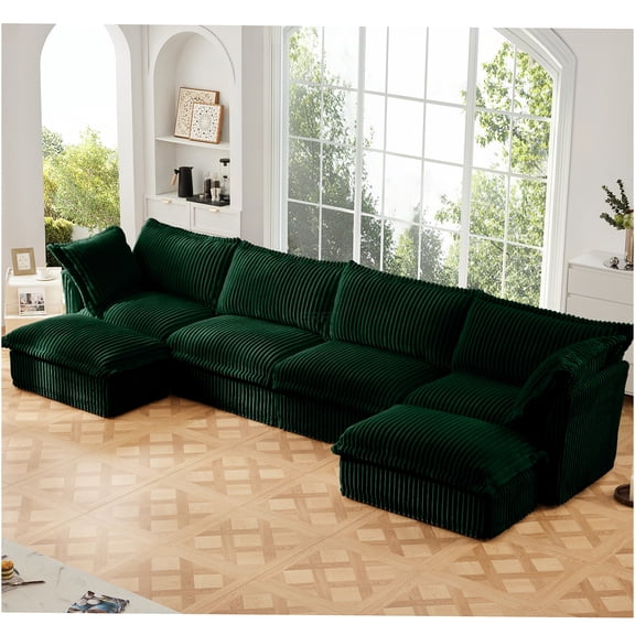 JERFIT Modern U-Shaped Sectional Sofa with Ottoman, 4 Seater Cloud Couch Deep Seat Comfort for Living Room, Green Corduroy Fabric, Removable Cushions