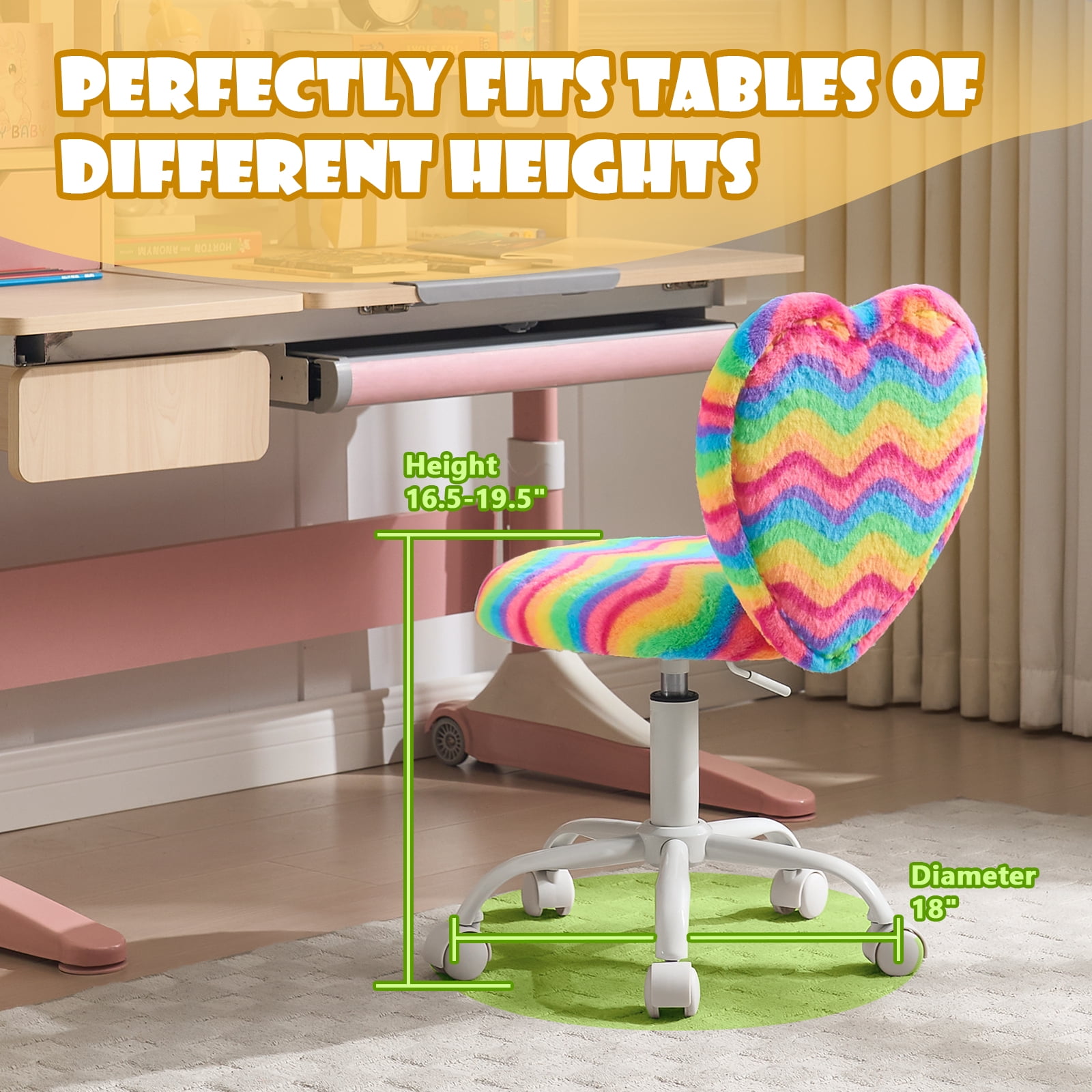 Heart Kids Desk Chair，Girls Desk Chairs,Comfy Swivel Computer Chair for Girls Room, Fluffy Kids Office Chair for Reading & Vanity，Rainbow