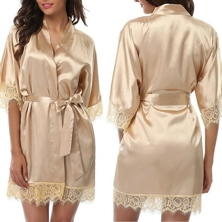 

Women Night Gown Satin Robe Bathrobe Satin Nightgown Halt Sleeve Pajamas Lingerie Night Mini Dress Lace Sexy Sleepwear