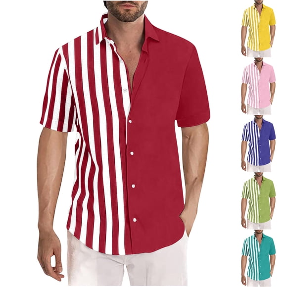UVEASISHA Mens Striped Hawaiian Shirt, Short Sleeve Bowling Shirts for Men Big and Tall Lapel Button Down Shirt Summer Breathable Beach Vacation Shirts Back to School Deals