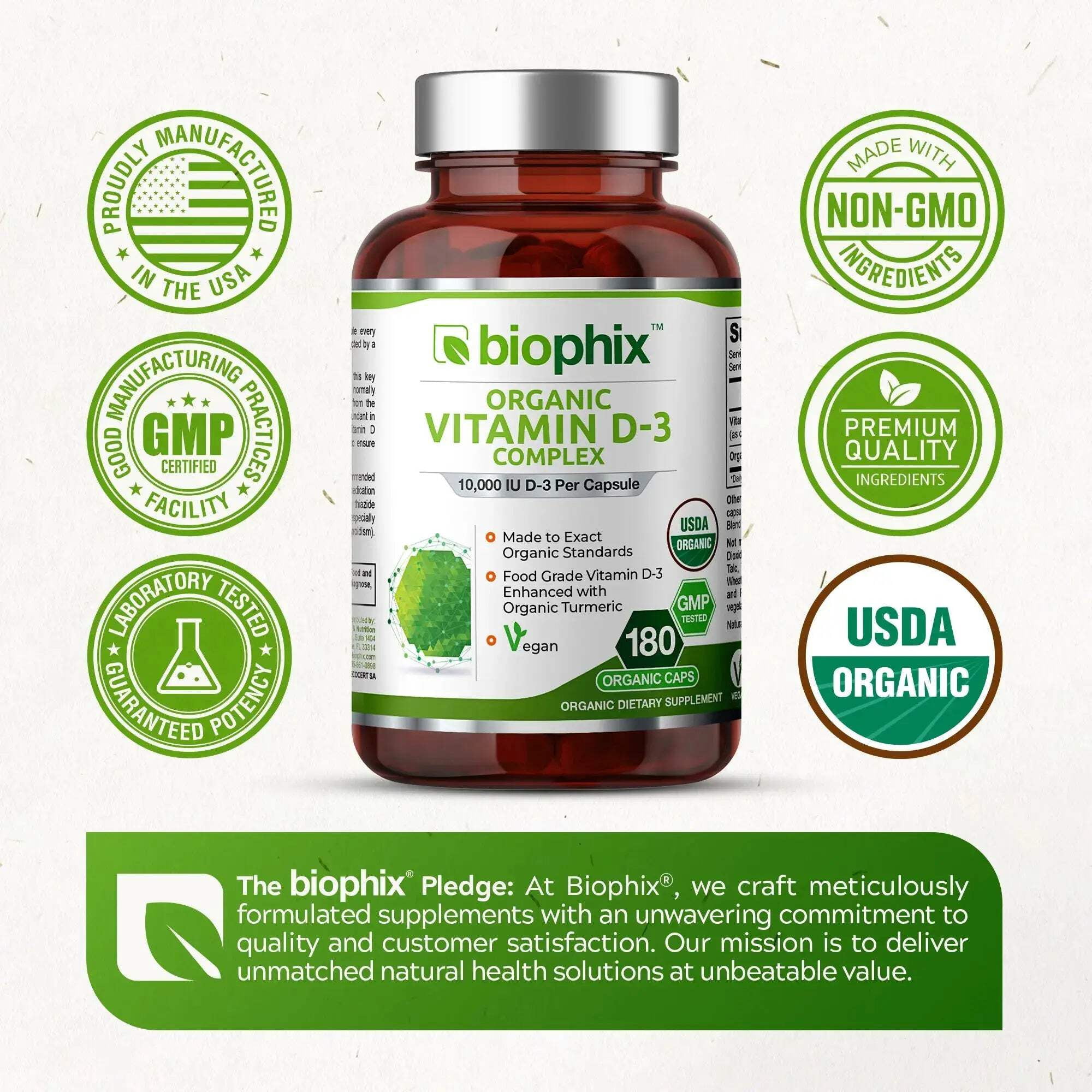 biophix Organic Vitamin D-3 Complex 10000 IU 180 Vcaps with Turmeric - High-Potency Supports Strong Bones Immune Health