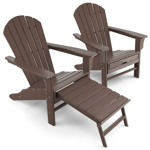 Gymax Ensemble de 2 Chaises Adirondack de Patio Chaise Longue d'Extérieur en HDPE avec Ottoman Rétractable Café