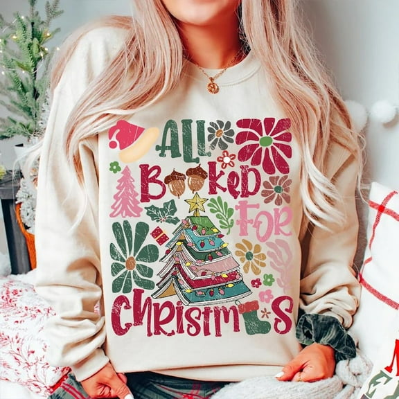All Booked for Christmas Sweater, Boho Floral Christmas Pullover, Christmas Books Sweater, Book Lovers Teacher Gift Sweater