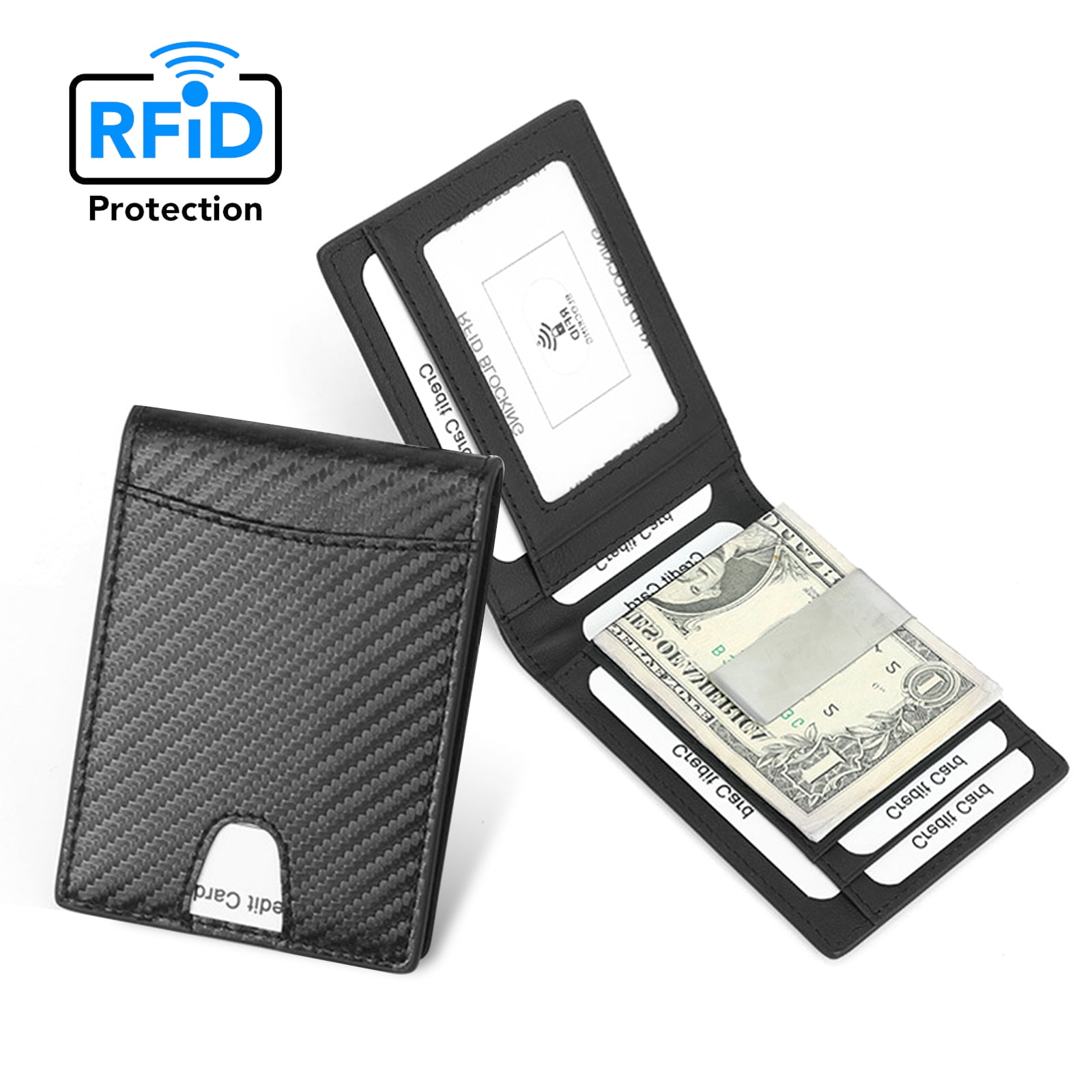 RFID Blocking Men's Bifold Carbon Fiber Credit Card Holder Soft Leather Wallet
