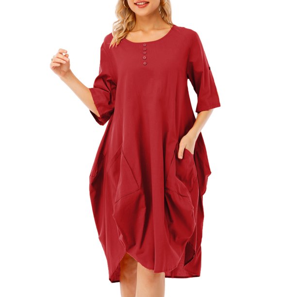 Vestido de túnica de mujer enrollado de manga corta cómodos bolsillos de algodón dobladillo irregula Abanopi borgoña/Pequeña