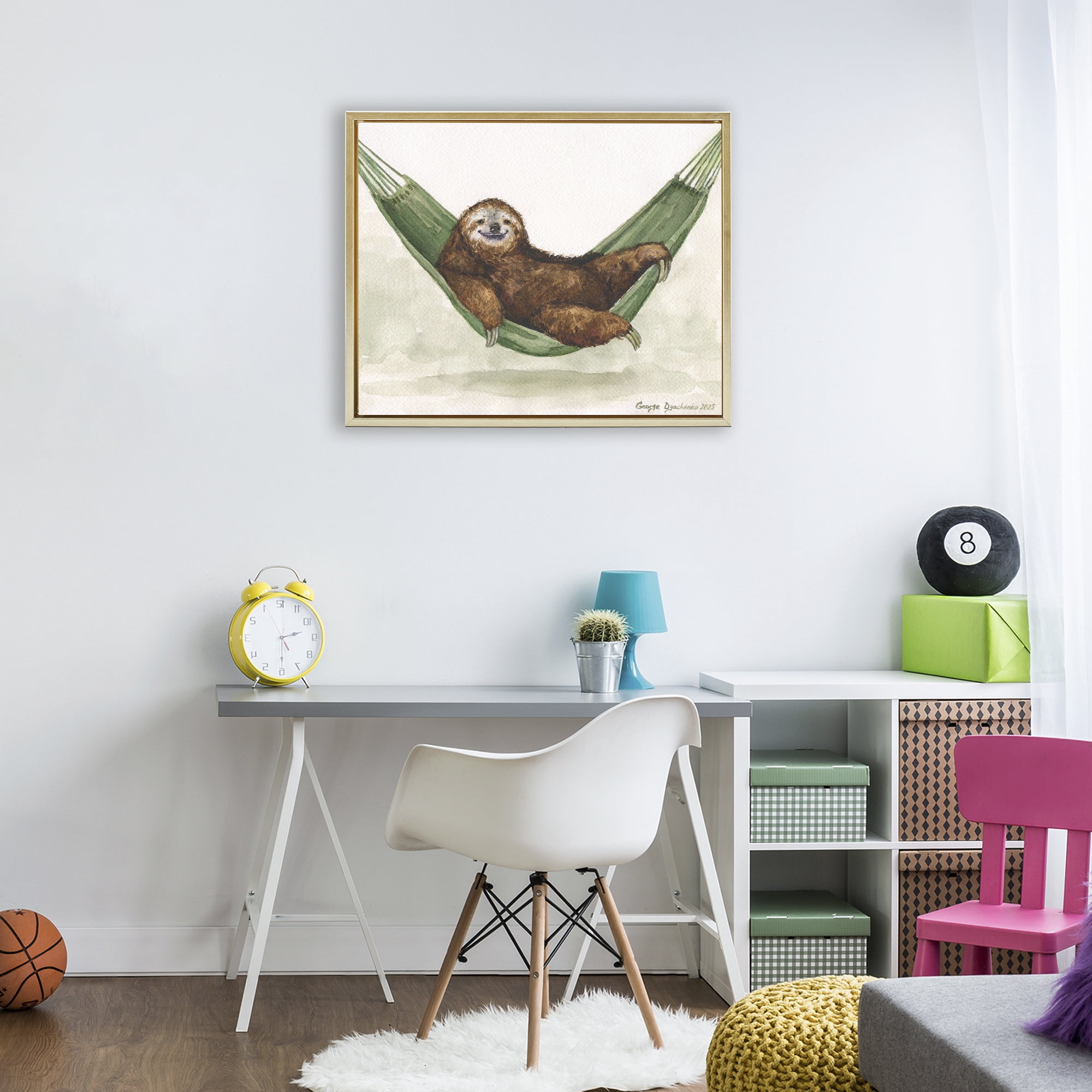 Stupell Industries Sloth On The Hammock Gold Framed Floater Canvas Wall Art, design by George Dyachenko