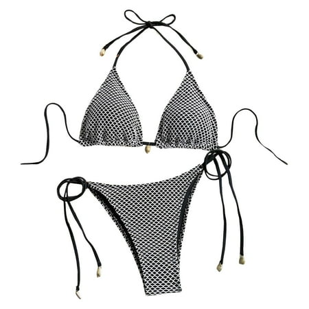 Hwmodou Bikini Sets For Women 2-Piece Sexy Solid Color Mesh Halterneck Bra And Thong Bathing Suit Swimming Beach Swimwear
