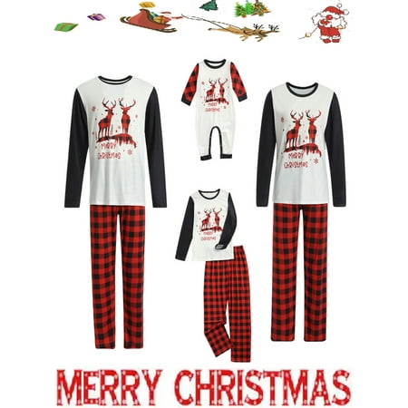 

Sunisery Matching Family Pjs Sets for Christmas Xmas Round Neck Long Sleeve Letter Deers Print Top +Plaid Pants Hoilday Sleepwear