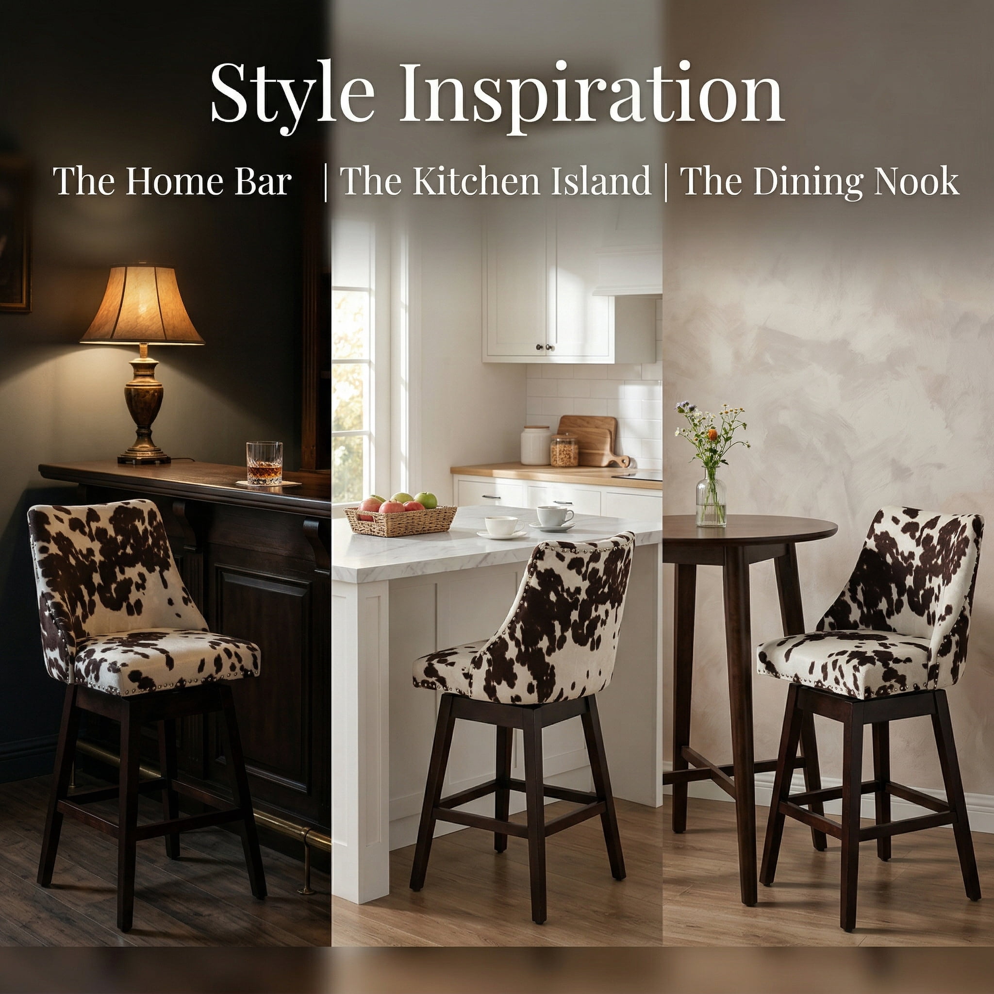 Guyou 27.5"Counter Height Bar Stools Set of 2, Nailhead Trim Velvet Barstools with Back and Wood Legs, 360°Swivel Upholstered Stool Chairs for Kitchen Island Breakfast Bar Restaurant, Cow