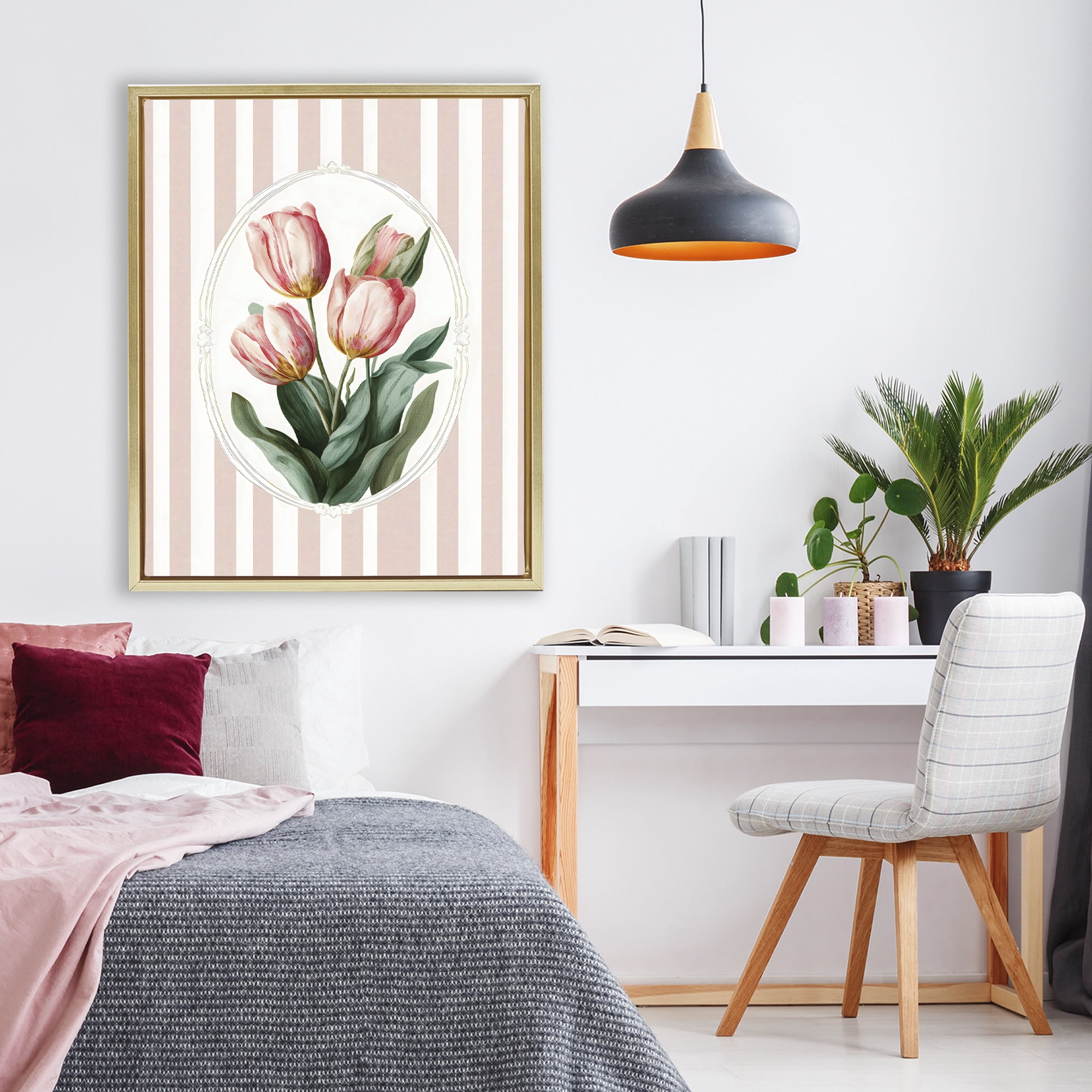 Stupell Industries Vintage Tulips on Stripes Gold Framed Floater Canvas Wall Art, design by Ink Drop Loft