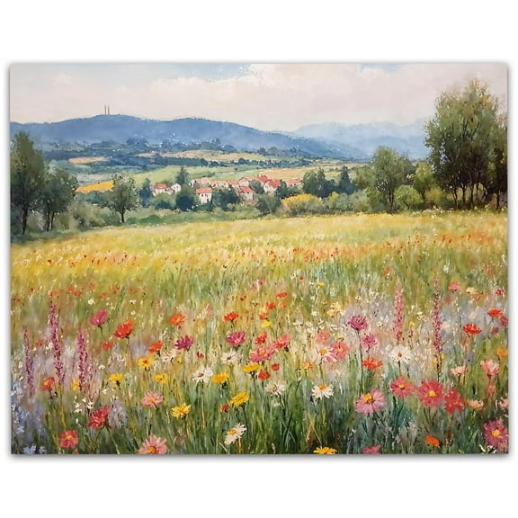 Field of Flowers Vintage Floral Painting Landscape Impressionist 11x14 Unframed Poster-Realistic Wildflower Meadow Spring Artwork, Traditional Cottage core Farmhouse Wall Art Print-Living Room Décor