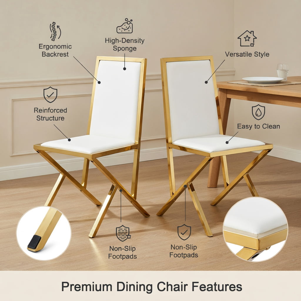 Hommoo 4-Pack Modern PU Leather Dining Chairs with Metal Legs, Ergonomic Design, Easy Assembly & Adjustable Non-Slip Feet, White & Gold