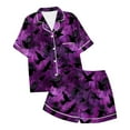 thumbnail image 3 of Womens Halloween Pajamas Crow Printed Short Sleeve Pocket Button Down Lapel Shirts Loose Shorts 2 Pc Sleepwear Comfy Nightwear Silk Casual Womens Loungewear Set Multicolour M, 3 of 3