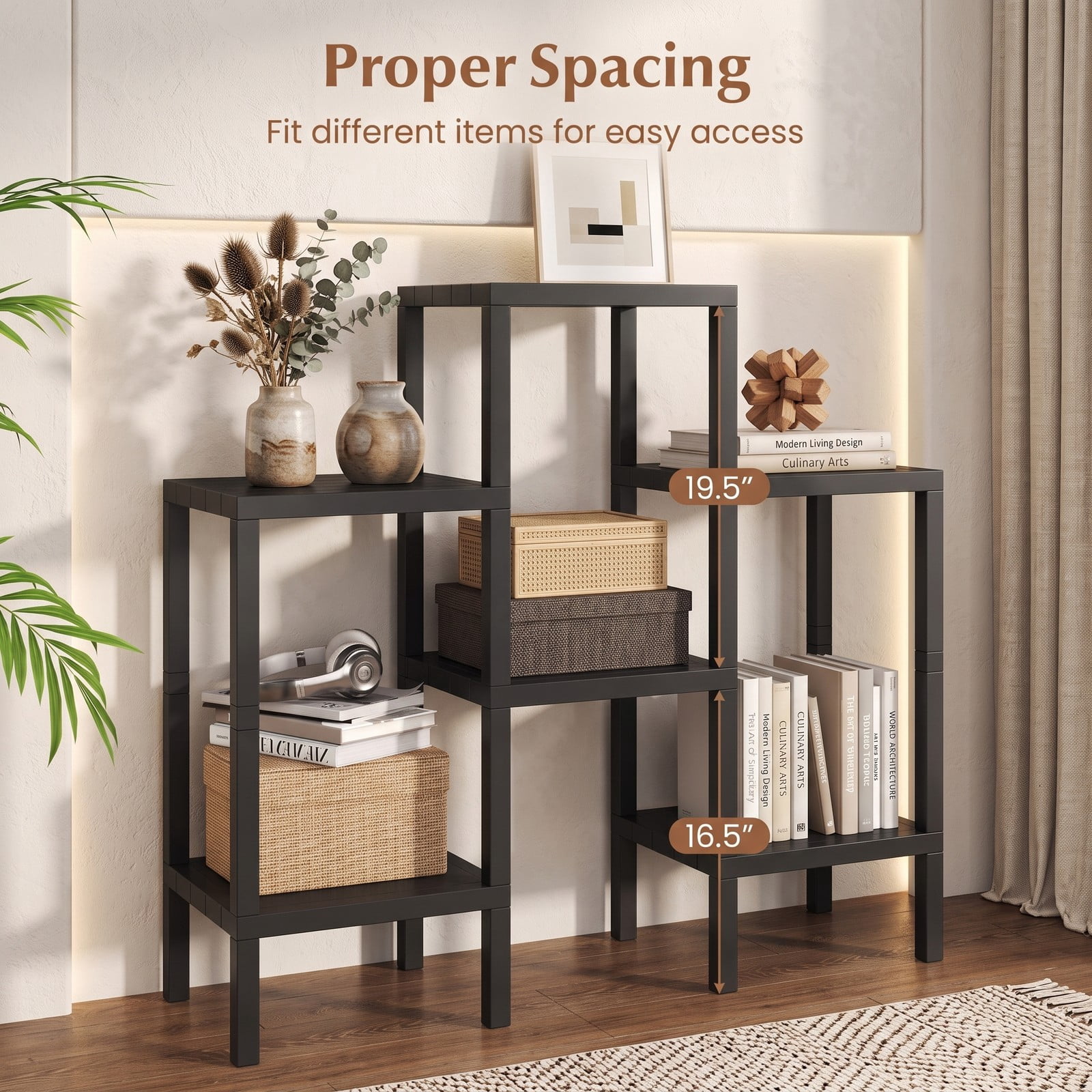 Biotree 6-Tier Plastic Modular Storage Shelves, Freestanding Open Shelving Rack Organizer for Living Room, Kitchen, Bathroom and Garage, Tool-Free Assembly, Black