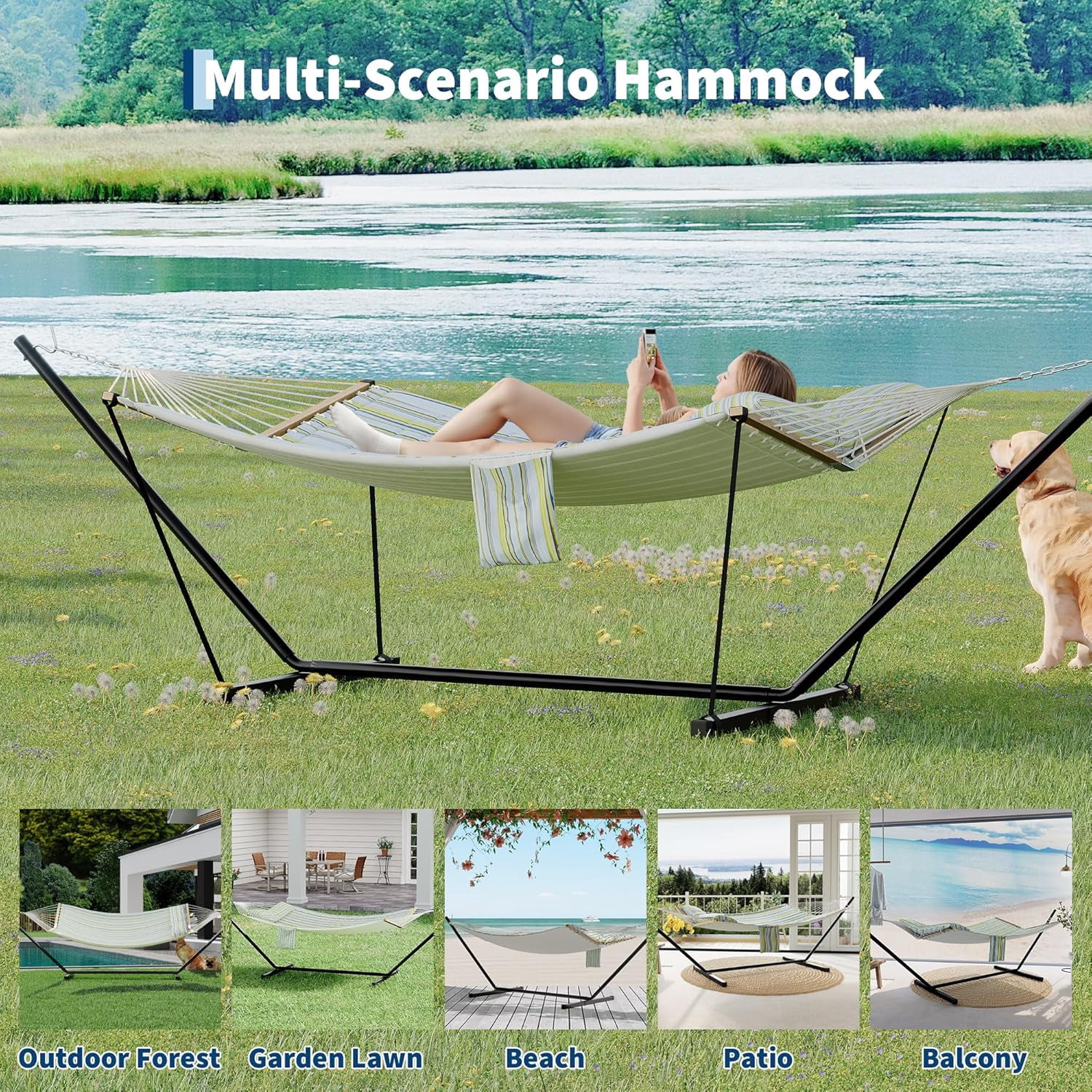Garvee Double Hammock with Stand, Heavy Duty with Balance Rope, Blue & Green Stripes