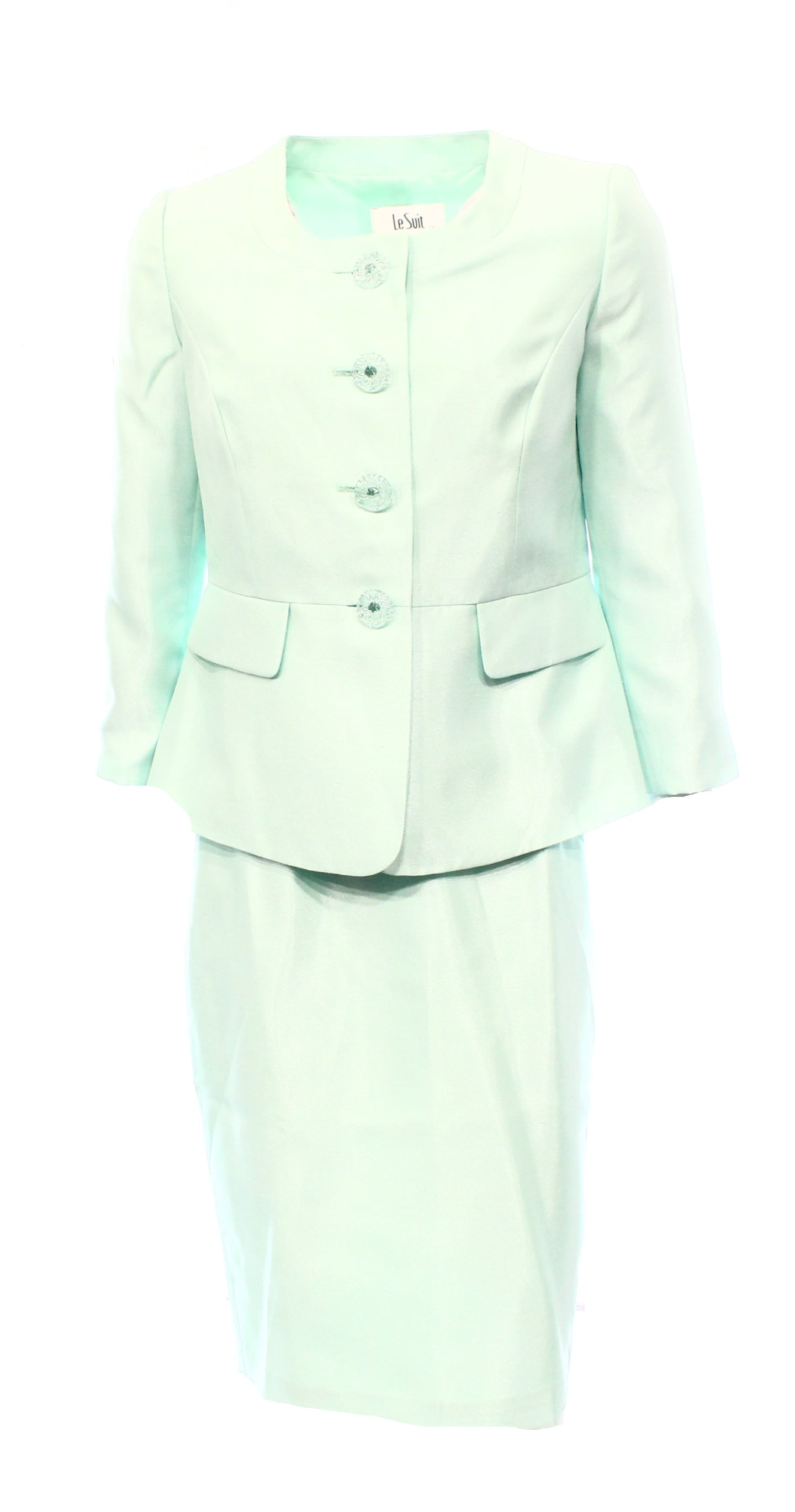 Le Suit NEW Green Mint Women 14 FourButton Collarless Skirt Suit Set
