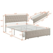 Queen Platform Bed Frame with Storage, Beige Linen Upholstered Metal Platform Bed with Headboard and Drawer, Modern Bedroom Furniture Queen Size Bed Frame, Holds 500 lbs, No Box Spring Needed, J3722