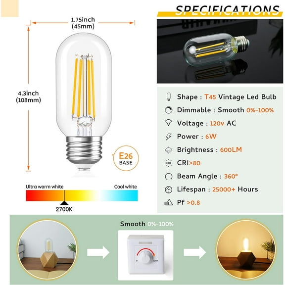 YJYASX-Tubular led Bulb, 6w e26 Bulb T45 T14,60 Watt Edison Vintage Bulbs,Warm White 2700k,Clear Glass, 600lm,Pack of 6