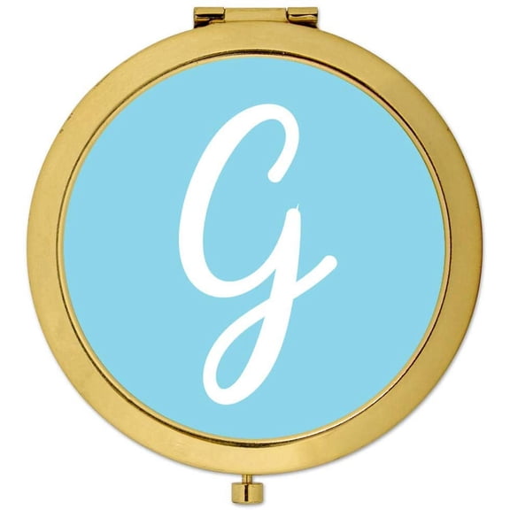 Koyal Wholesale Gold Compact Mirror Bridesmaid's Wedding Gift, Baby Blue, Monogram Letter G, 1-Pack