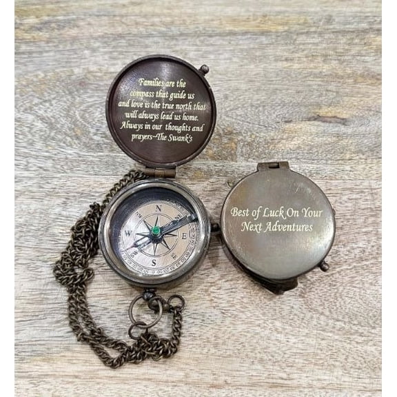 Antique Brass Pocket Compass with Leather Case Compass for Camping, Hiking Gift for Men, Him, Son | Engraved Compass