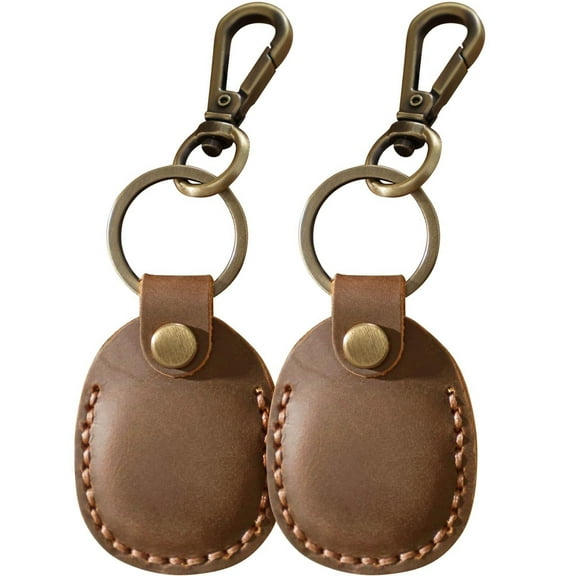 2 Pack Genuine Leather AirTag Holder Keychain - Durable Handmade Case With Keyring, Full Coverage Protective Cover Compatible for Apple AirTags - Brown BrioTek