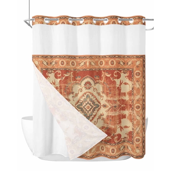 No Hook Cloth Fabric Shower Curtain with Snap in Liner, Orange Boho Waterproof Shower Curtains Set with See Through Top Window, Geometric Antique Tribal Retro Ethnic Bath Curtains Shower 72"x72"