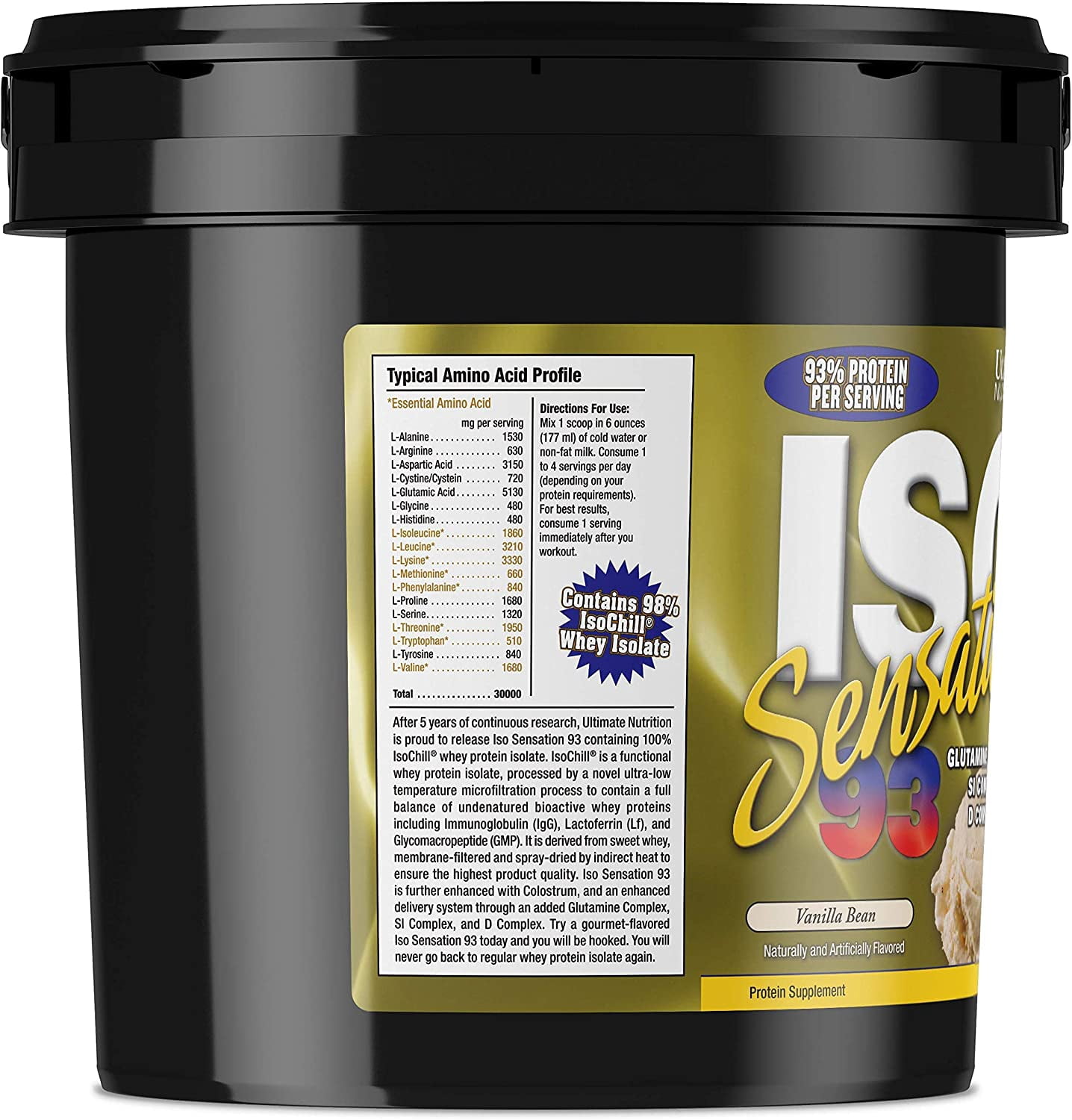 Ultimate Nutrition Iso Sensation 93 with Glutamine, Whey Protein Isolate Powder, 30 Grams of Protein, Low Carb Protein Shakes, Keto Friendly, 5 Pounds, Vanilla Bean Flavoured