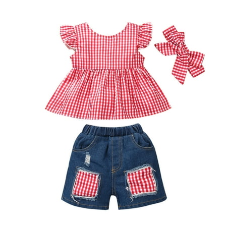 

Baby Girls Summer Short Outfits Ruffle Floral Short Sleeve+Ripped Patchwork Denim Shorts Pants with Headband 3Pcs Set