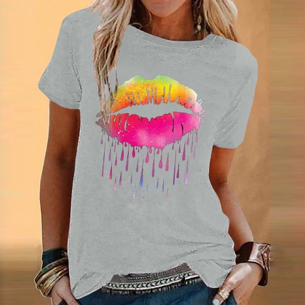 Fiudx Tops para Mujer Blusa de Manga Corta con Cuello Redondo y Estampado a La Moda para Mujer