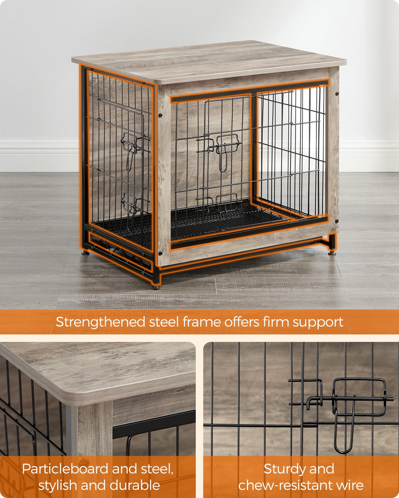 Wooden Dog Crate Furniture,Double-Doors Kennel for Dogs Indoor up to 30 lb, Removable Tray, End Table Dog Crate for Decoration 27.2"L x 20.1"W x 23.6"H, Greige