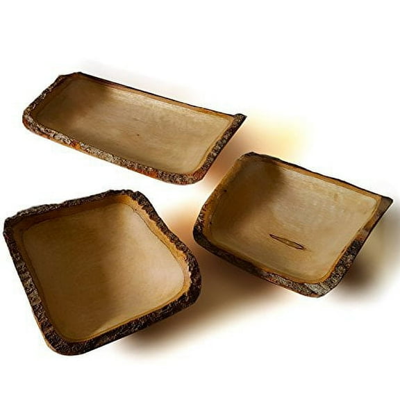 roro Handcarved Rectangular Mango Wood Rectangular Serving Tray with Bark, 3 Piece