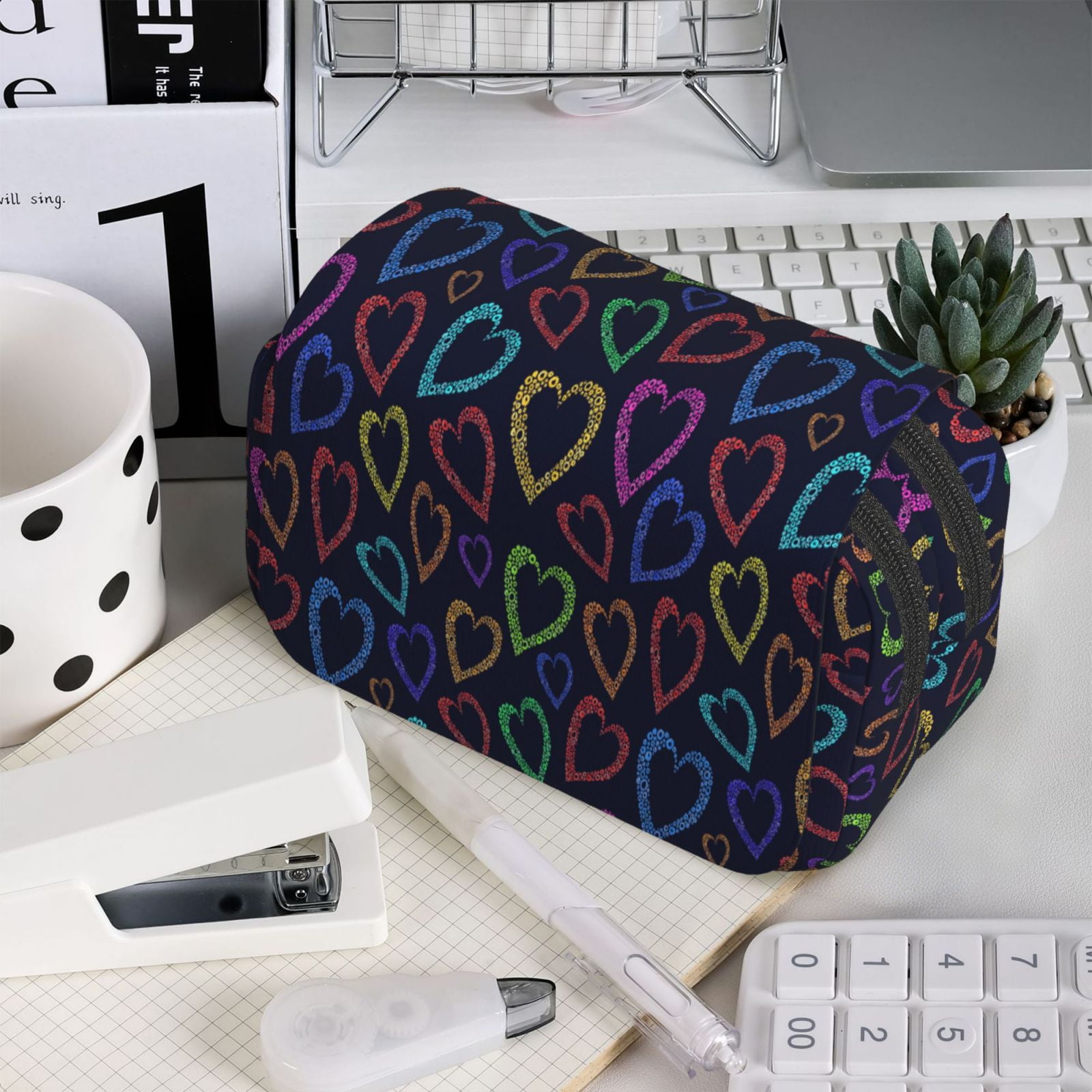 Rateoe Colored Hearts Pattern Double Clamshell Pen Case, Storage Organizer with Two Zipper Compartments– Holds Up to 50 Pencils & Pens