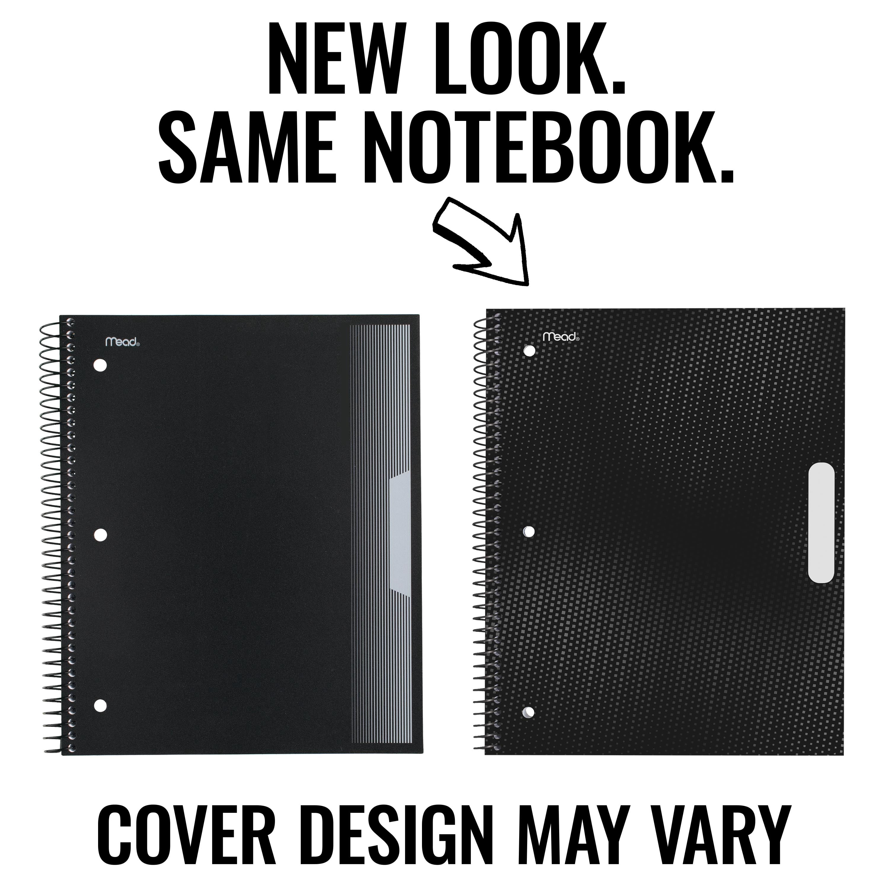 Mead 5 Subject Wide Ruled Notebook, 8" x 10.5", Black, Poly, Spiral, 160 Sheets