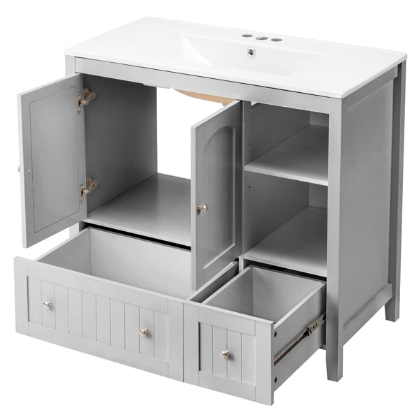 Modern Gray MDF Double Door Double Drawer Bathroom Vanity Cabinet with Decorative Strips, Without a Basin, 36"W x 18"D x 32"H for Bathroom Storage