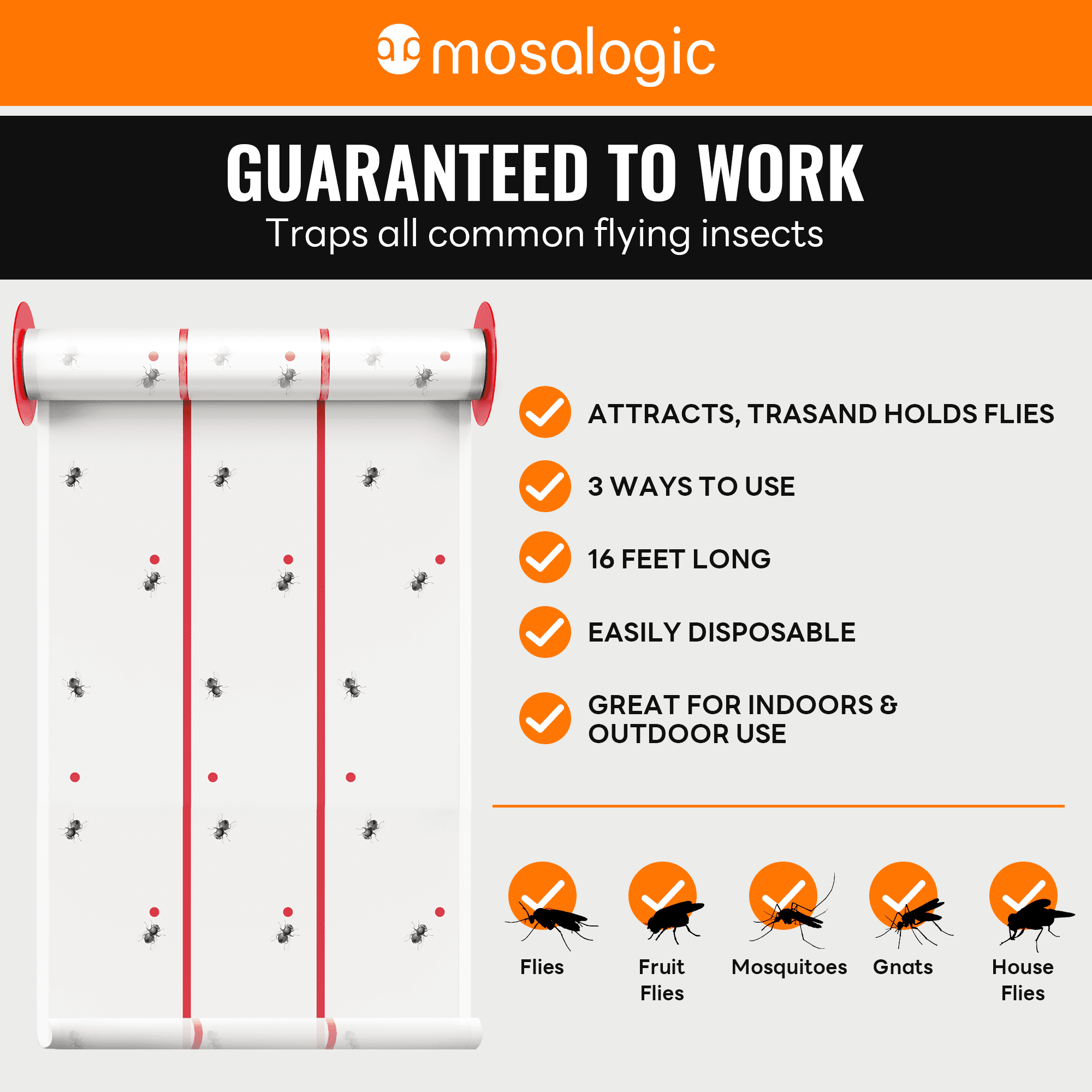 Mosalogic Giant Glue Fly Trap , 16.4 FT Long Adhesive Fly Traps, Flying Insect Paper Roll for Outdoor & Indoor, Sticky Bug Catcher Pest Control for Garage, Barn, Greenhouse & Garbage Room